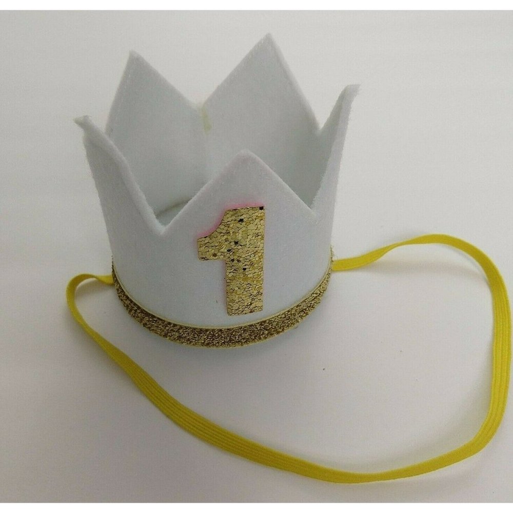 First Birthday Girl Crown Hats Party Celebration White Gold Glitter baby's 1st